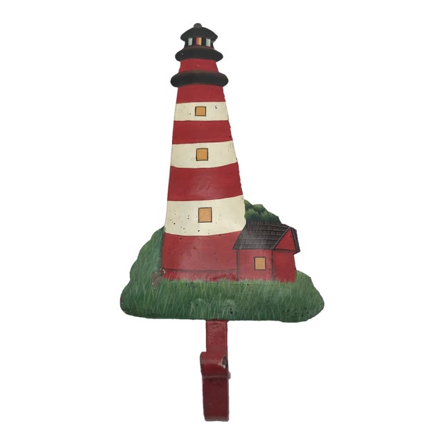 Vintage Hand Painted Metal Assateague Island Virginia Lighthouse Wall Hook For Sale