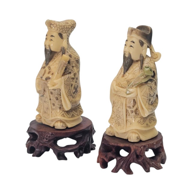 Chinese Pair Chinese Scholar and Deity Figures on Carved Hardwood Stands 3.25" For Sale - Image 3 of 10