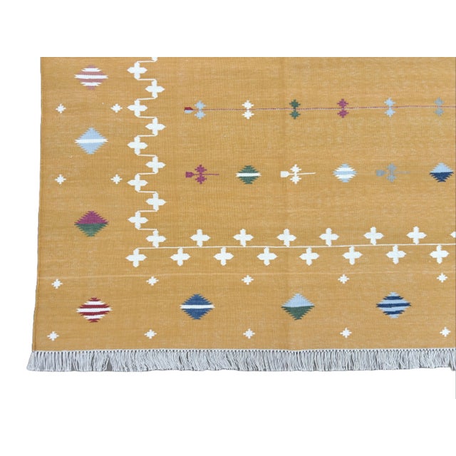 Handmade Cotton Vegetable Dyed Area Rug, Mustard Yellow Shooting Star Dhurrie - 9'x12' For Sale - Image 10 of 10