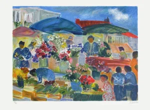 1990 Nancy Delouis Scene From a Market Lithograph