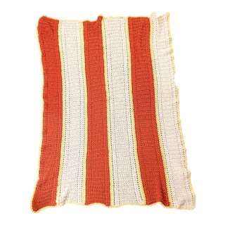 Vintage 1970s Rust Orange, Cream, and Yellow Stripe Handmade Crochet Afghan Blanket Throw For Sale