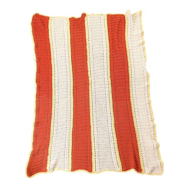Vintage 1970s Rust Orange, Cream, and Yellow Stripe Handmade Crochet Afghan Blanket Throw For Sale