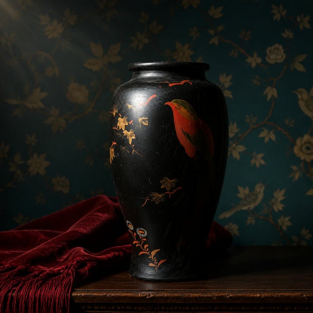 Asian Vintage Chinoiserie Black Porcelain Baluster Vase With Gilt Leaves and Songbird For Sale - Image 3 of 8