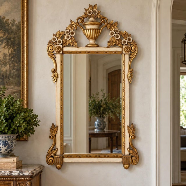 Italian Neo-Classical Style Giltwood Mirror With Urn & Floral Motif For Sale - Image 4 of 5