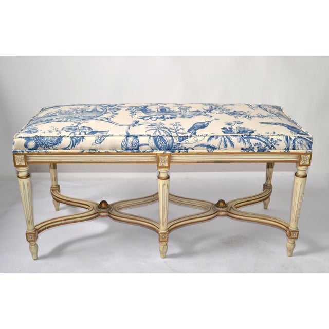 Louis XVI Bench Karges Furniture Co. HandCarved Hardwood Blue Motif Fabric Chairish