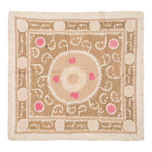 Suzani Tribal Textile — Neutral Tan Uzbek Tablecloth