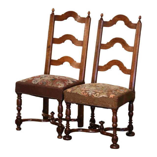 Pair of 19th Century French Louis XIV Walnut Chairs With Needlepoint Seats For Sale