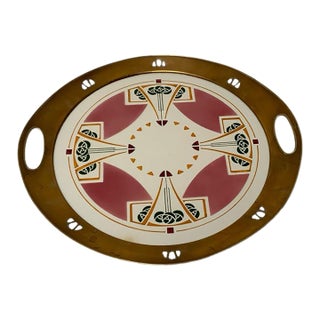 Antique German Jugendstil Wächtersbach Attributed Ceramic & Pierced Brass Tray C. 1905-1920 For Sale