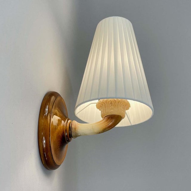 Alabaster, Birch and Pleated Fabric Wall Light, Sweden, 1920s For Sale - Image 6 of 18
