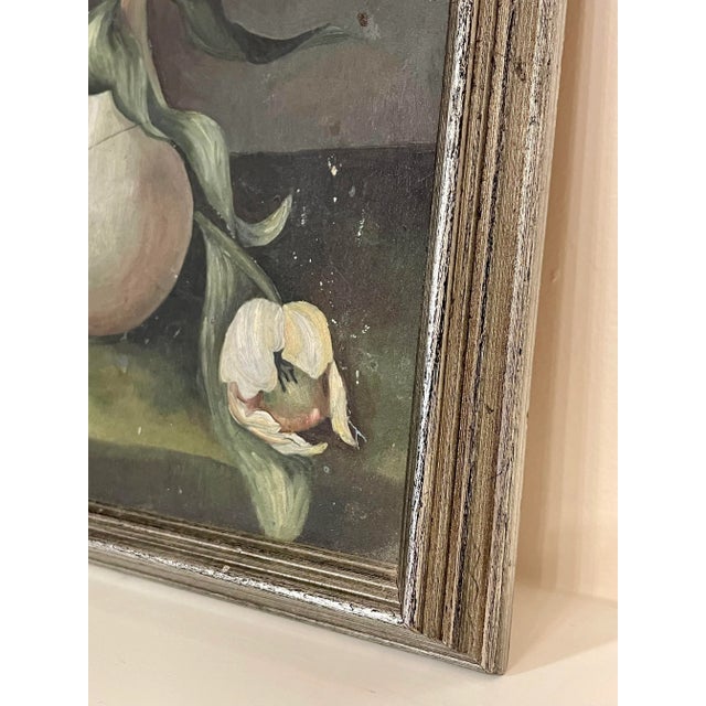 Antique Dutch Renaissance Floral Still Life Original Framed Oil Painting on Tin in Silver, White, Blush For Sale - Image 4 of 12