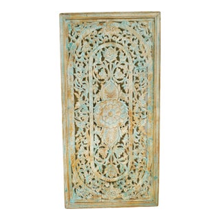 Vintage Blue Wash Wood Carved Panel For Sale