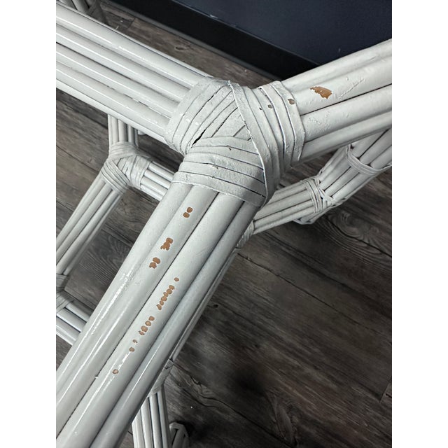 Vintage White Faux Bamboo Rattan Glass-Top Table For Sale - Image 4 of 5