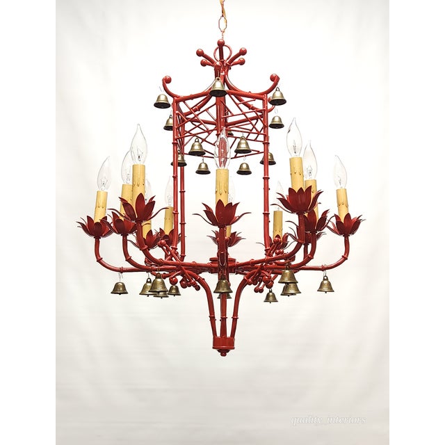Immense Vintage Italian Tole Faux Bamboo Pagoda Lattice Brass Bell Chandelier ~ Rewired ~ Restored ~ Rejuvenated ~ Ready to Hang ~ For Sale - Image 9 of 12