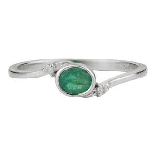 Elegant Oval Emerald & Diamond Bezel-Set Ring in Sterling Silver, Size 8.5 For Sale