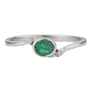 Elegant Oval Emerald & Diamond Bezel-Set Ring in Sterling Silver, Size 8.5