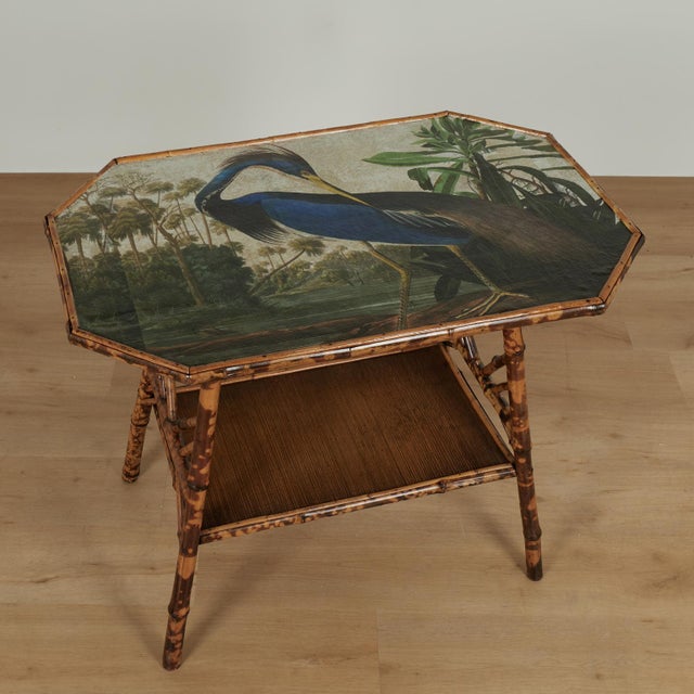 Late 19th Century Antique English Bamboo and Grasscloth Table With a Bird Top For Sale - Image 5 of 17