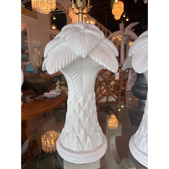 1970s Vtg. Pair Plaster White Lacquered Palm Beach Tree Table Lamps Newly Wired Brass For Sale - Image 5 of 12