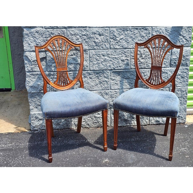 Brown Pair Hepplewhite Style Mahogany and Upholstered Shield Back Side Chairs For Sale - Image 8 of 12