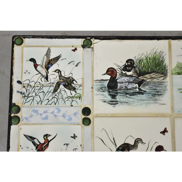 Early 20th Century Antique Art Nouveau Wrought Iron Small Side Table With Duck Geese Tile Top For Sale - Image 5 of 11