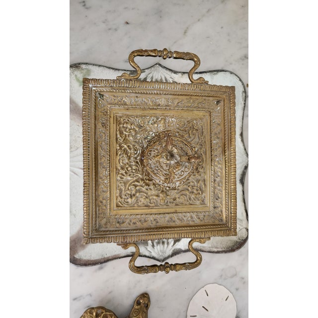Vintage Ornate Brass Pegasus Inkwell Tray With Glass Ink Insert For Sale - Image 11 of 18