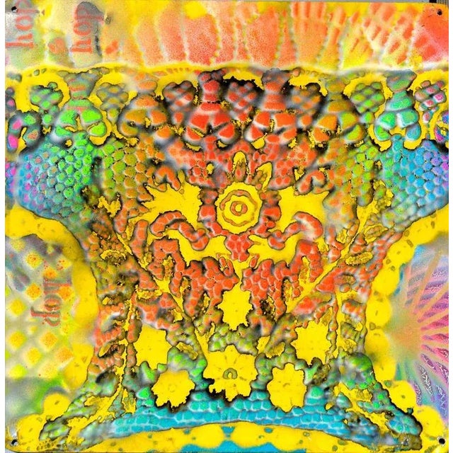 Wonderfully bright graffiti-spray-can art by unknown artist, circa 1970s harkens to Haight Ashbury, San Francisco scene....