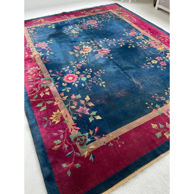 Antique Art Deco Asian Botanical Garden Magenta Rug 9.2 x 11.8 For Sale - Image 10 of 15