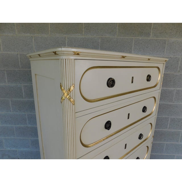 Circa late 19th Century Antique Mahogany French Louis XVI Style Tall Chest 4 hand cut dovetailed drawers, gilt gold...