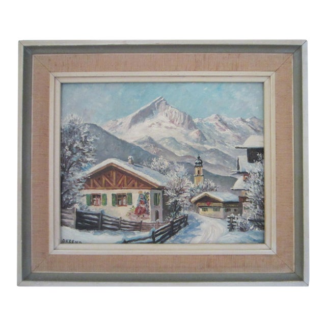 1940s Okreno Winter Scene Ski Lodge Snow Mountain Oil on Board Signed Painting For Sale