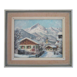 1940s Okreno Winter Scene Ski Lodge Snow Mountain Oil on Board Signed Painting