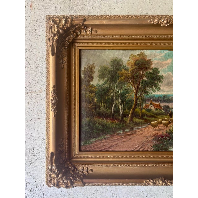 Antique British Countryside Oil Painting in the Manner of E. Horton, Gilt Frame For Sale - Image 4 of 9