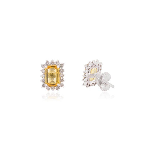 Not Yet Made - Made To Order 1.86ct Yellow Sapphire Diamond Halo Stud Earrings in 14k White Gold Gift for Mom- A Pair For Sale - Image 5 of 12