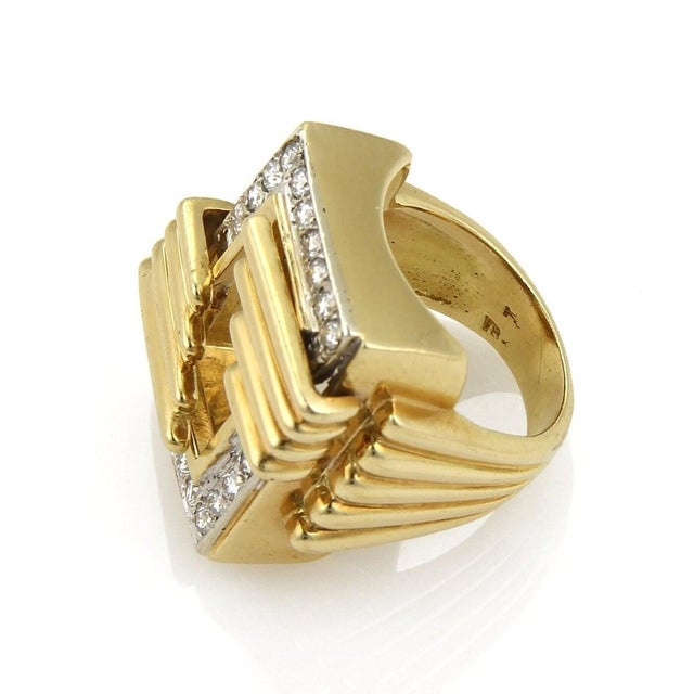 Contemporary Mid 20th Century Diamond 18k Yellow Gold Rectangular Shape Open Top Ring Size 6.5 For Sale - Image 3 of 5