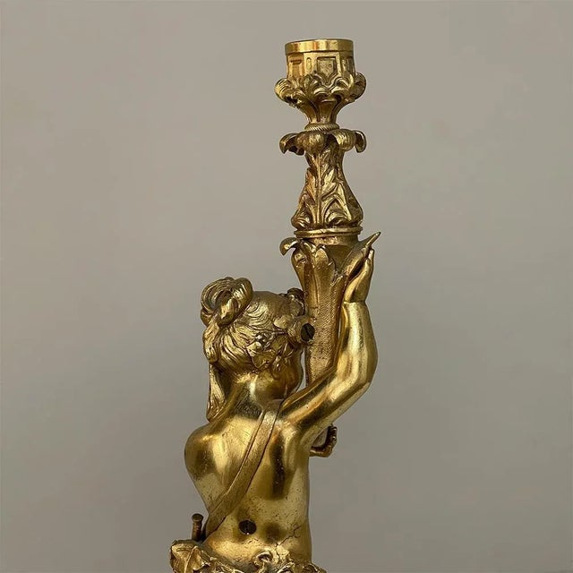 Gold Antique Bronze d'Ore Cherub Statue on Onyx Candlestick For Sale - Image 8 of 13
