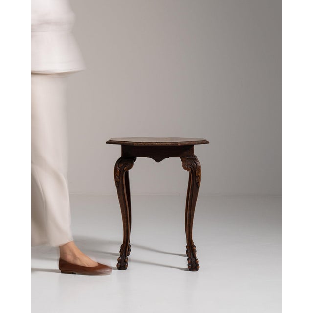 French 20th Century France Rich Walnut Brown Carved Octagonal Side Table For Sale - Image 3 of 11
