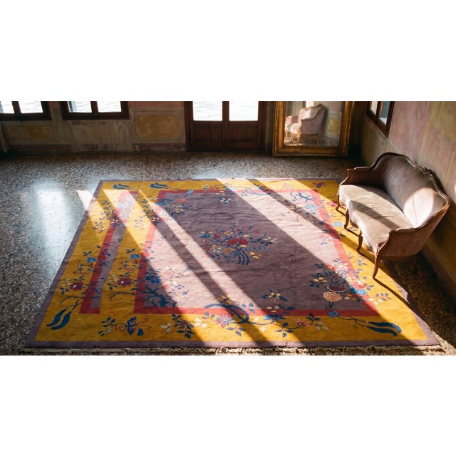 Textile 1920s Tan Taupe Floral Modern Antique Chinese Art Deco Rug 8'2" X 9'9" Handknotted Wool Carpet For Sale - Image 7 of 9