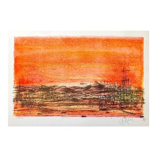 Jean Carzou, 1968 Carzou French Modernist Color Lithograph Volcano Flaming Orange Color, 1968 For Sale