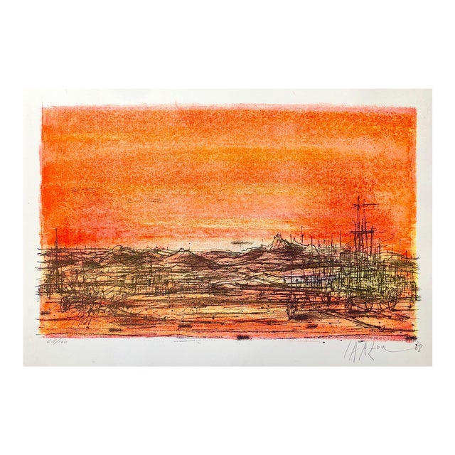 Jean Carzou, 1968 Carzou French Modernist Color Lithograph Volcano Flaming Orange Color, 1968 For Sale