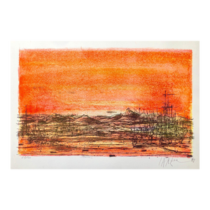 Jean Carzou, 1968 Carzou French Modernist Color Lithograph Volcano Flaming Orange Color, 1968