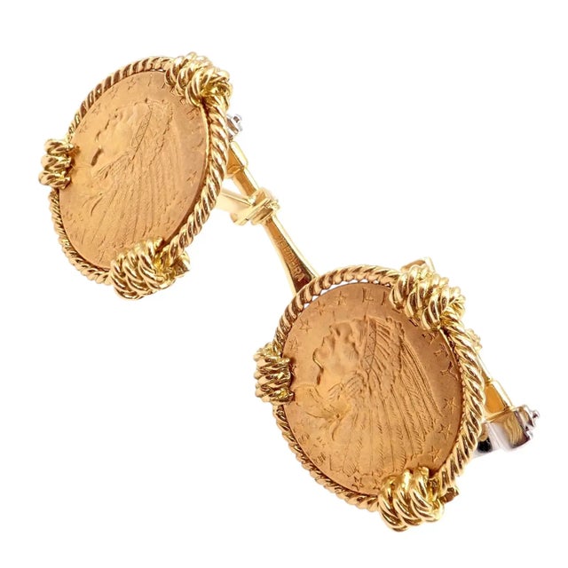1990s 1990s Verdura Five Buck Yellow + White Gold Indian Head Coin Cufflinks - 2 Pieces For Sale - Image 5 of 9