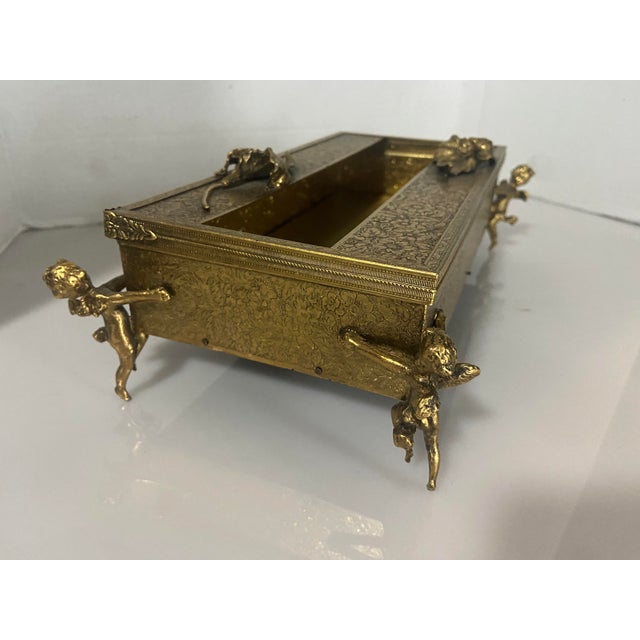 French Country Mid 20th Century Rococo Cherub Putti Gold Embossed Floral Box Hinged For Sale - Image 3 of 12