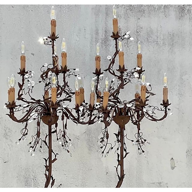 Metal Vintage Boho Patinated Crystal Teardrop Floor Chandelier Lamps - a Pair For Sale - Image 7 of 12