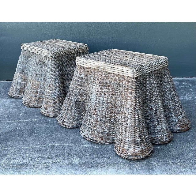 Wood Vintage Coastal Woven Rattan Draped Side Tables - A Pair For Sale - Image 7 of 12