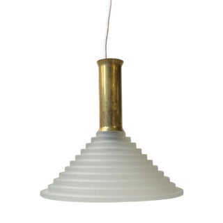 Italian Art Deco Revival Pendant Lamp in Brass and Glass, 1970s For Sale