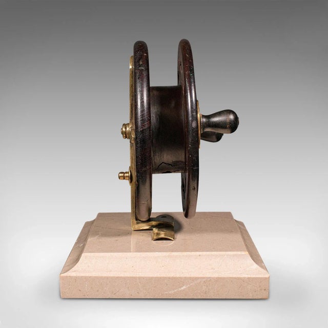 Victorian 1900s Victorian Antique Mounted Fishing Reel, English, Brass, Decorative, Travertine For Sale - Image 3 of 13