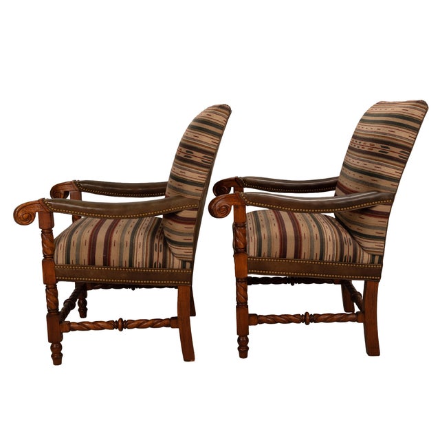 1990s Hancock & Moore Louis XIII French Style Barley Twist Throne Armchairs W/ Southwestern Wool Geometric Fabric For Sale - Image 14 of 17