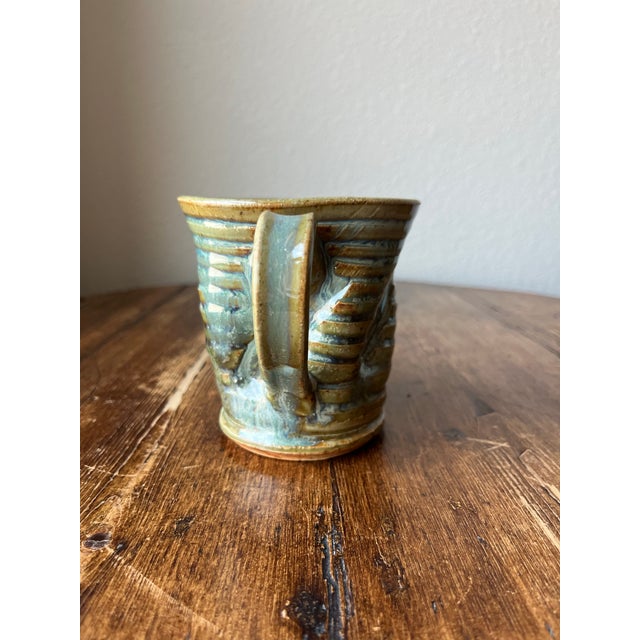 Matt Wright Studio Pottery Mug Green Color and Ribbed, Dented Design For Sale - Image 4 of 6