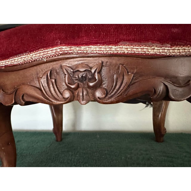 Vintage Mid 20th Century Louis XV Oval Shaped Wood and Red Velvet Upholstered Footstool For Sale In Orlando - Image 6 of 11
