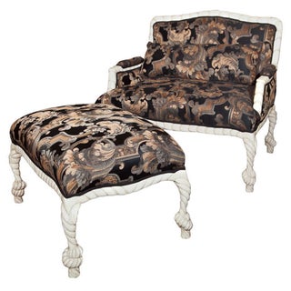 Hollywood Regency Style Painted Lounge & Stool For Sale