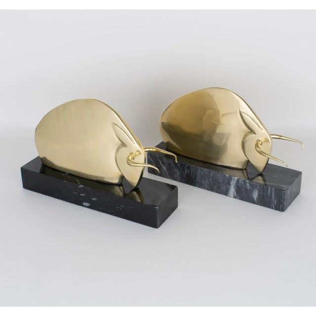 Art Deco Art Deco Polished Brass and Marble LongHorn Bull Bookends For Sale - Image 3 of 14