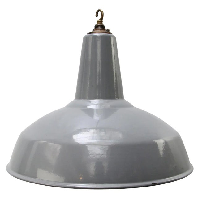 Vintage British Industrial Grey Enamel and Brass Pendant Light For Sale - Image 6 of 6